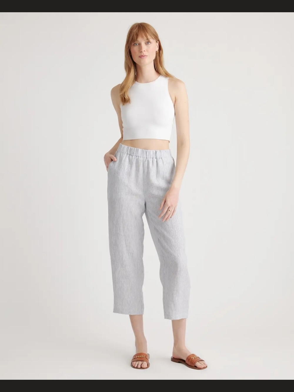 Quince European Linen Light Blue Pinstripe Cropped Elastic-Waist Pants NWOT